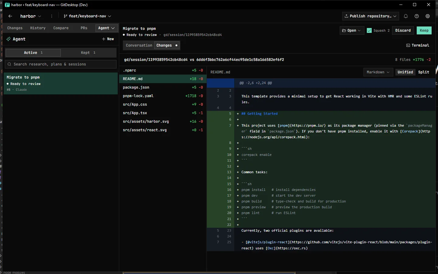 An agent session in GitDesktop reviewing its changes: a delegated task in an isolated gd/session worktree, an eight-file diff, and Open / Squash / Discard / Keep controls