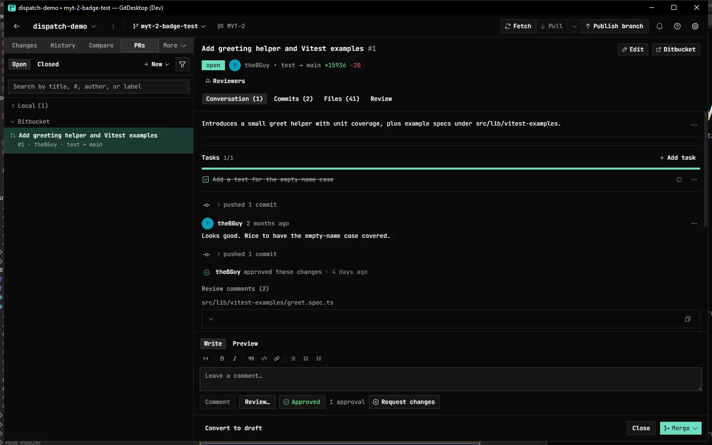 A Bitbucket pull request in GitDesktop: a Tasks checklist, an approval, review comments, and the merge action
