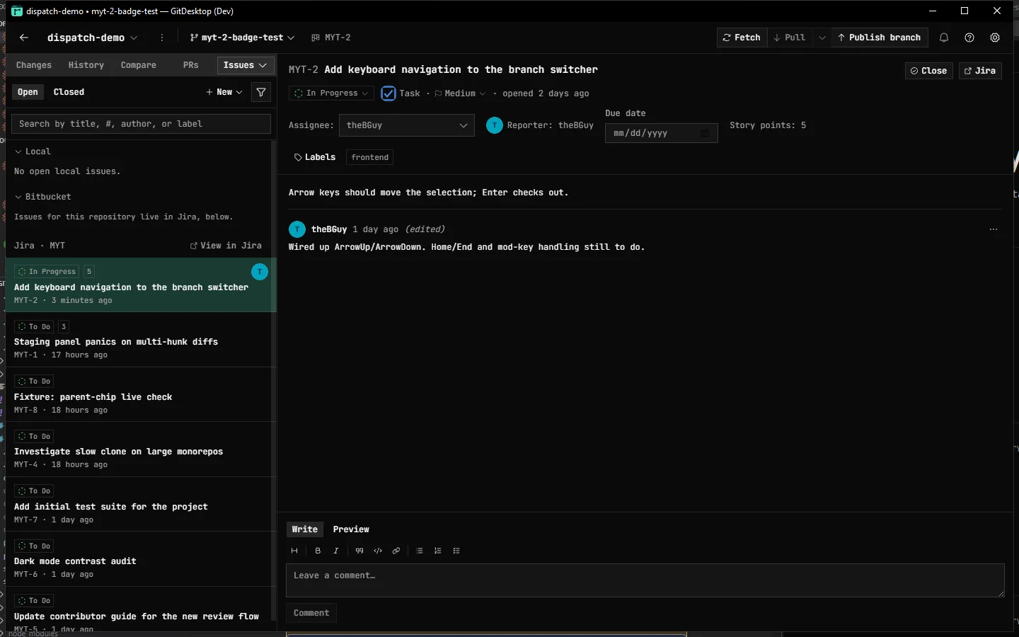 The Issues tab in GitDesktop showing a linked Jira project: an issue list with statuses and story-point badges, and an issue detail with status, priority, assignee, story points, labels, and a comment
