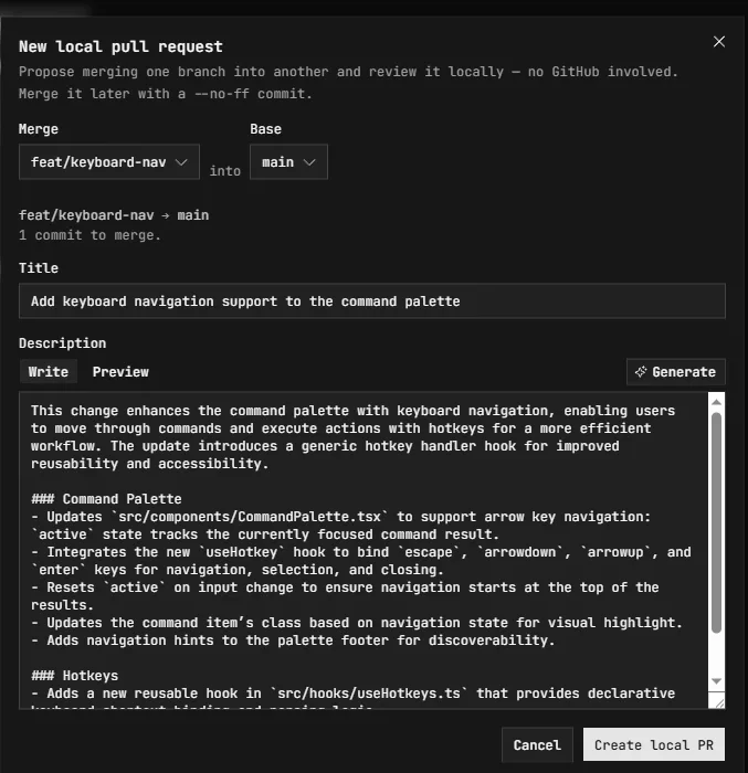 The New local pull request dialog: merge one branch into another and review it locally